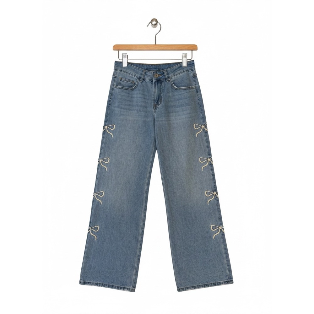 Wide Leg Bow Embroidered Jeans‎ Blue White Trendy Coquette Baggy Preppy Size 27